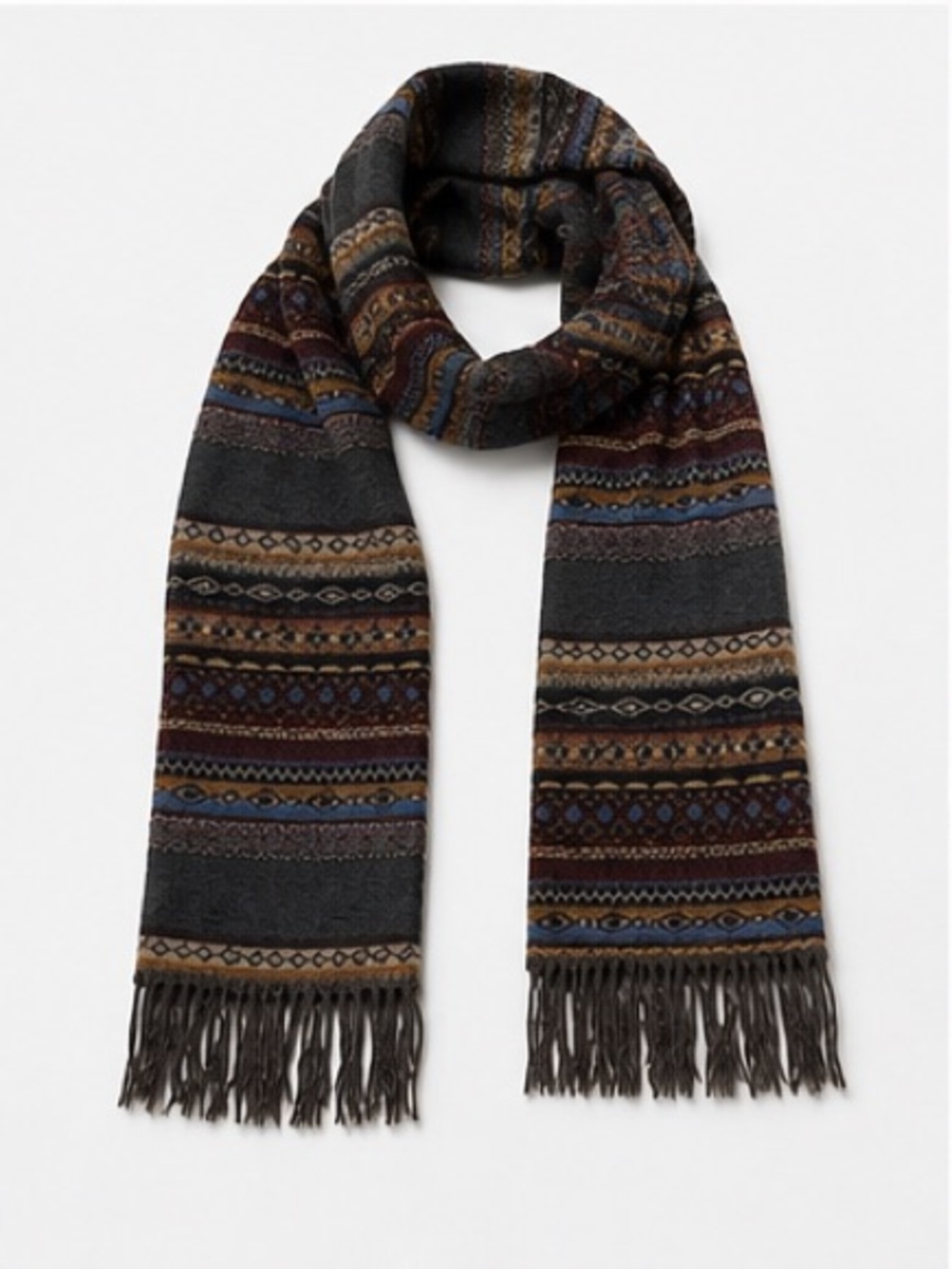 (OS) Scottish 100% Cashmere Neck Scarf Patterned Black Gray Accessory Fringe